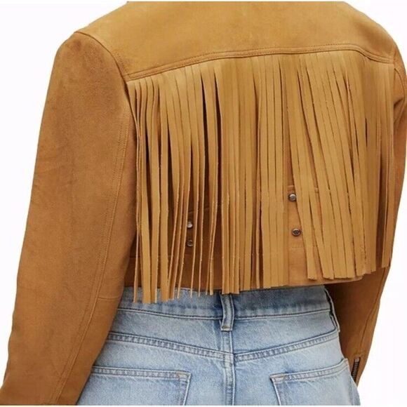 All Saints Tassel Fringe Cropped Genuine Suede Leather Biker Jacket sz 2 US - Picture 4 of 16